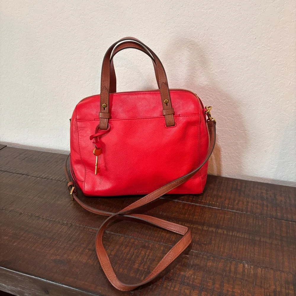 Fossil Satchel Rachel Medium Pebbled Leather Red Classic Preppy Crossbody Bag